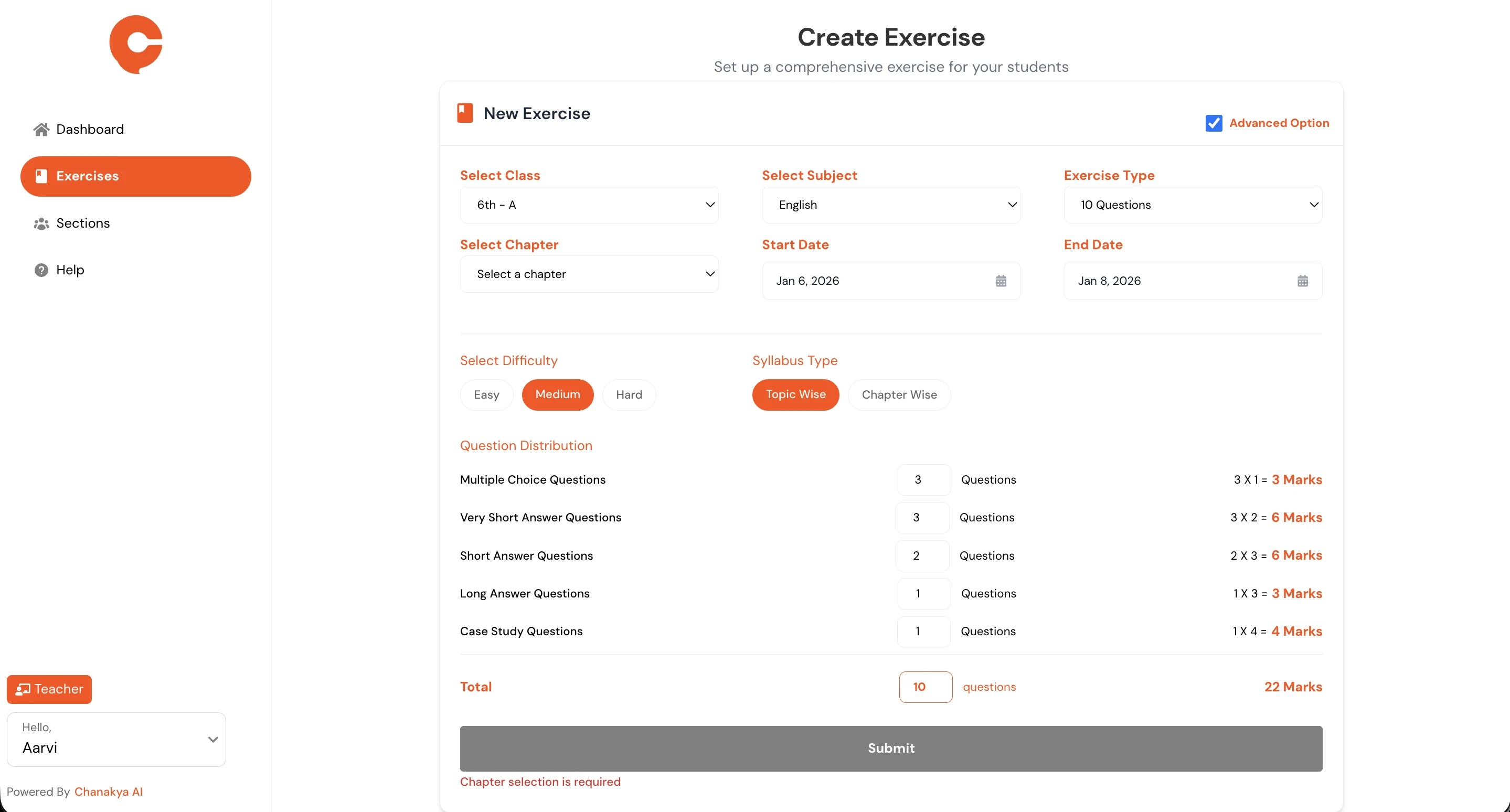 Chanakya question generation interface with assessment settings and generated questions